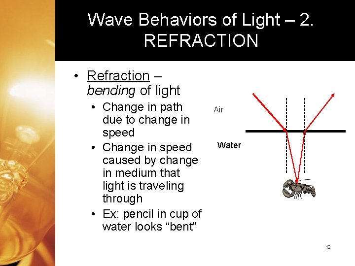Wave Behaviors of Light – 2. REFRACTION • Refraction – bending of light •