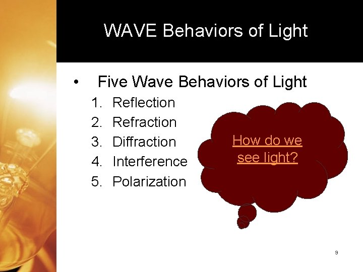 WAVE Behaviors of Light • Five Wave Behaviors of Light 1. 2. 3. 4.