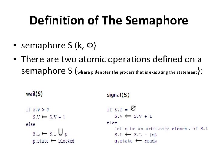 Definition of The Semaphore • semaphore S (k, Ф) • There are two atomic