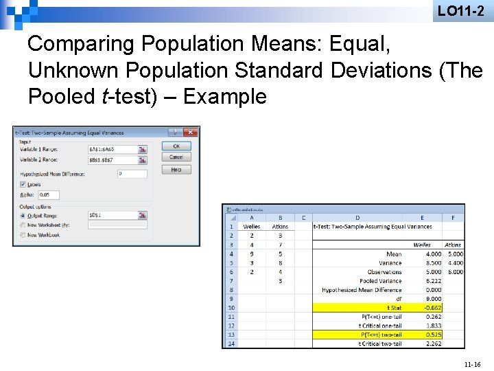 LO 11 -2 Comparing Population Means: Equal, Unknown Population Standard Deviations (The Pooled t-test)