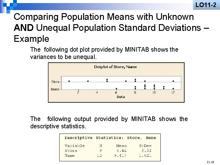 LO 11 -2 Comparing Population Means with Unknown AND Unequal Population Standard Deviations –