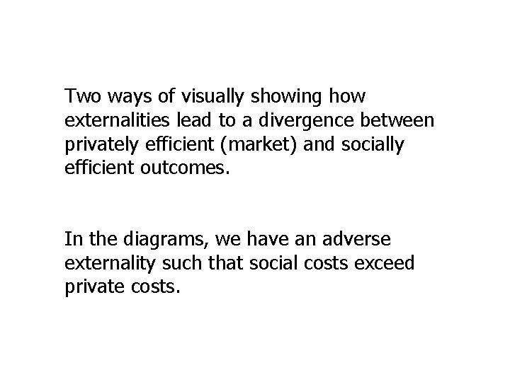 Two ways of visually showing how externalities lead to a divergence between privately efficient