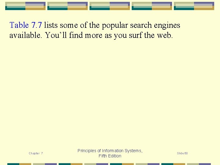 Table 7. 7 lists some of the popular search engines available. You’ll find more