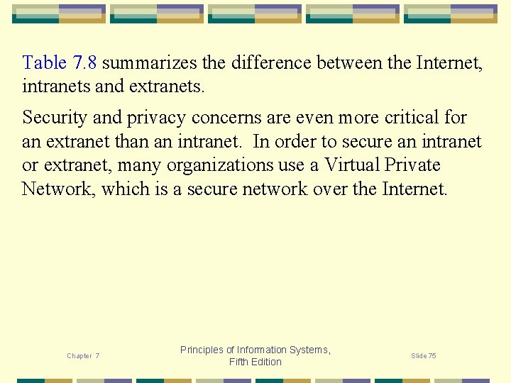 Table 7. 8 summarizes the difference between the Internet, intranets and extranets. Security and