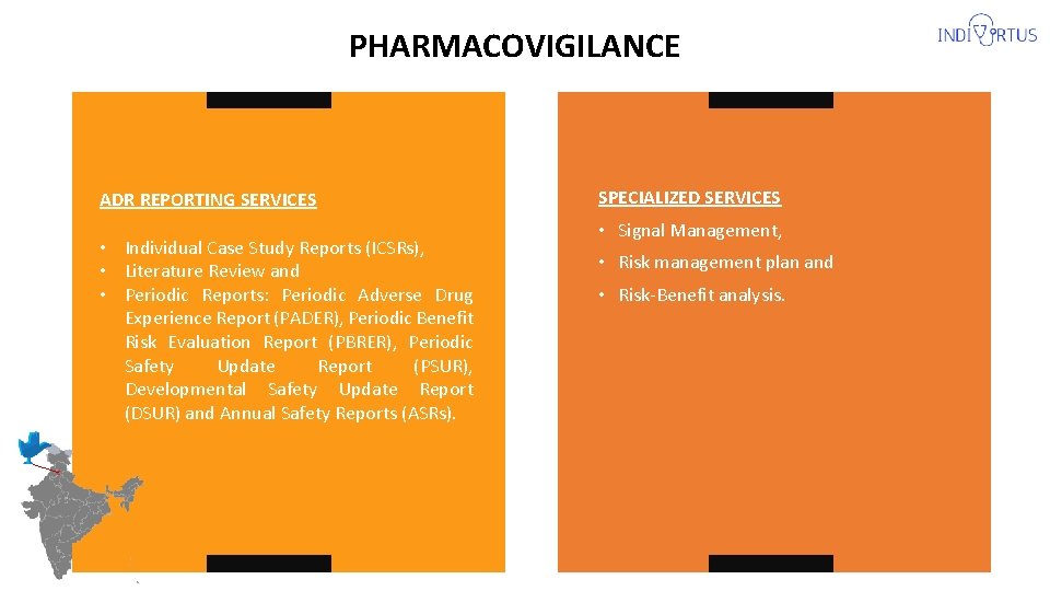 PHARMACOVIGILANCE ADR REPORTING SERVICES • Individual Case Study Reports (ICSRs), • Literature Review and