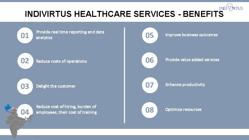 INDIVIRTUS HEALTHCARE SERVICES - BENEFITS 01 Provide real time reporting and data analytics 05