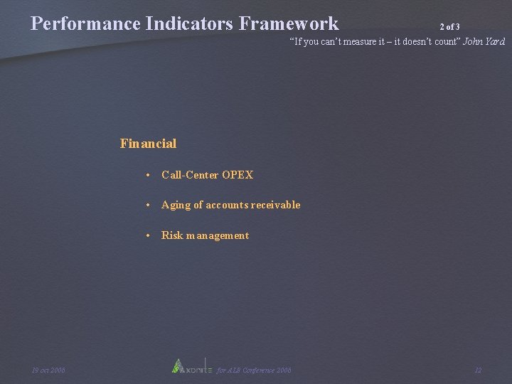 Performance Indicators Framework 2 of 3 “If you can’t measure it – it doesn’t Performance Indicators Framework 2 of 3 “If you can’t measure it – it doesn’t