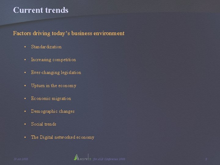 Current trends Factors driving today’s business environment • Standardization • Increasing competition • Ever-changing Current trends Factors driving today’s business environment • Standardization • Increasing competition • Ever-changing
