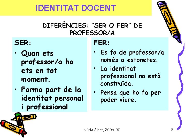 IDENTITAT DOCENT DIFERÈNCIES: ”SER O FER” DE PROFESSOR/A SER: • Quan ets professor/a ho