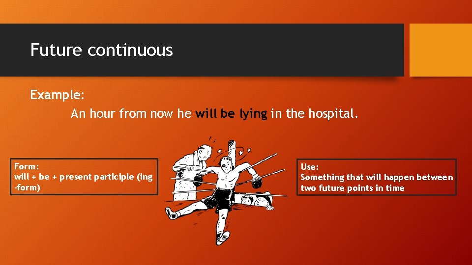 Future continuous Example: An hour from now he will be lying in the hospital.