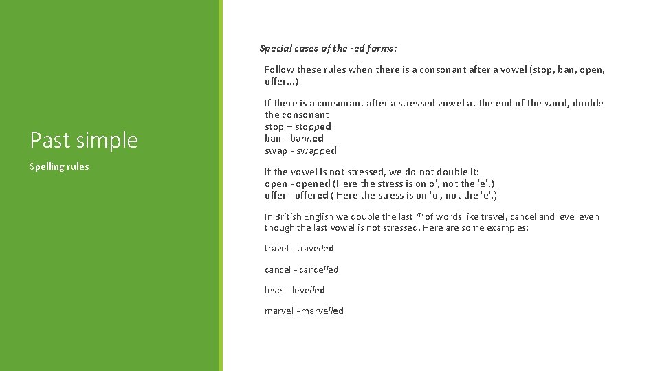 Special cases of the -ed forms: Follow these rules when there is a consonant