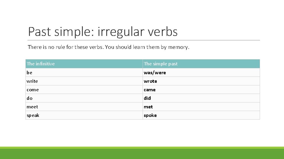 Past simple: irregular verbs There is no rule for these verbs. You should learn