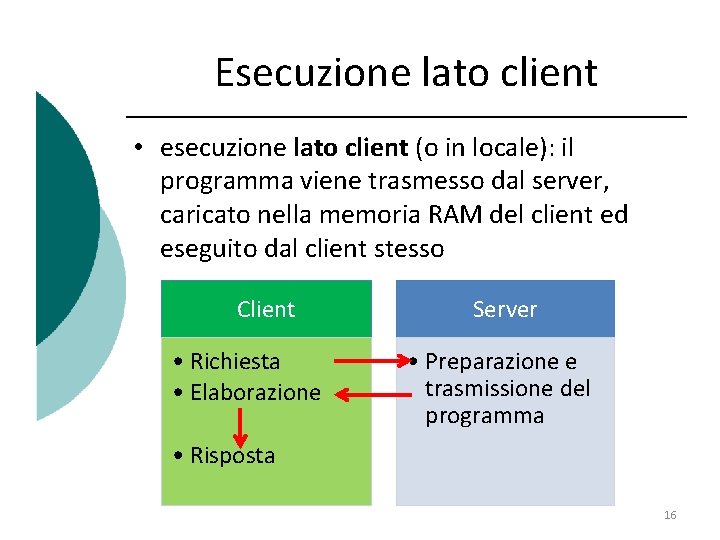 Esecuzione lato client • esecuzione lato client (o in locale): il programma viene trasmesso