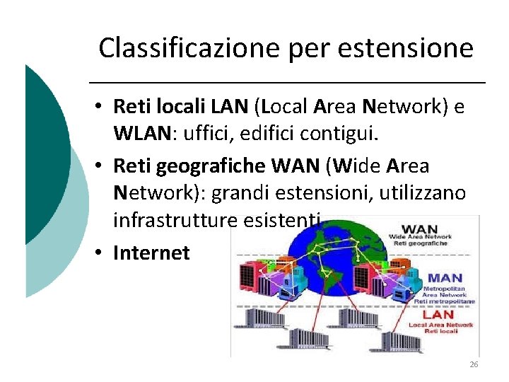 Classificazione per estensione • Reti locali LAN (Local Area Network) e WLAN: uffici, edifici