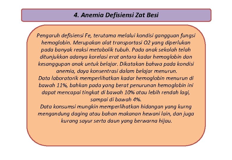 4. Anemia Defisiensi Zat Besi Pengaruh defisiensi Fe, terutama melalui kondisi gangguan fungsi hemoglobin.