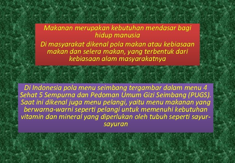 Makanan merupakan kebutuhan mendasar bagi hidup manusia Di masyarakat dikenal pola makan atau kebiasaan