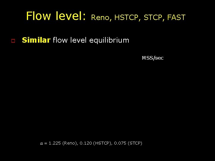 Flow level: o Reno, HSTCP, FAST Similar flow level equilibrium MSS/sec a = 1.