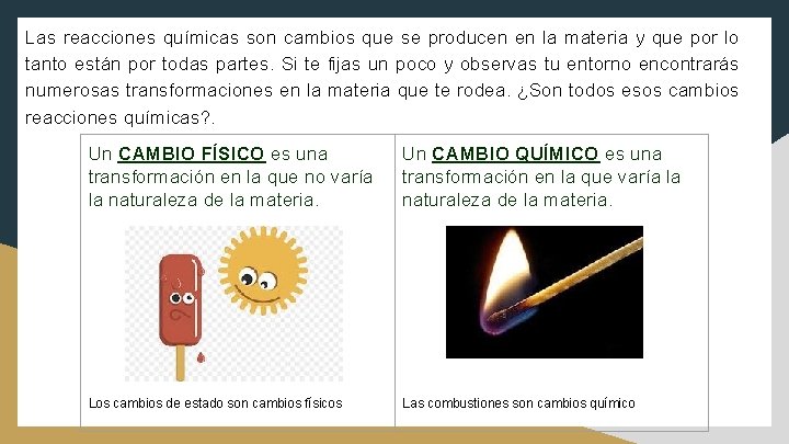 Las reacciones químicas son cambios que se producen en la materia y que por