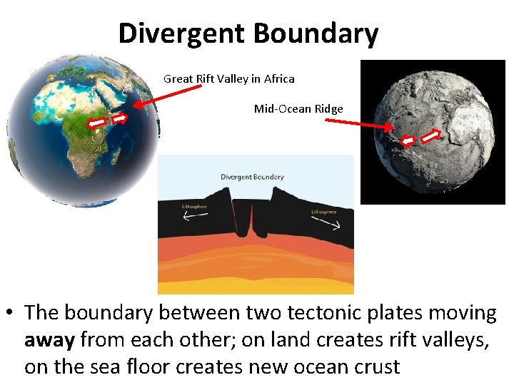 Divergent Boundary Great Rift Valley in Africa Mid-Ocean Ridge • The boundary between two