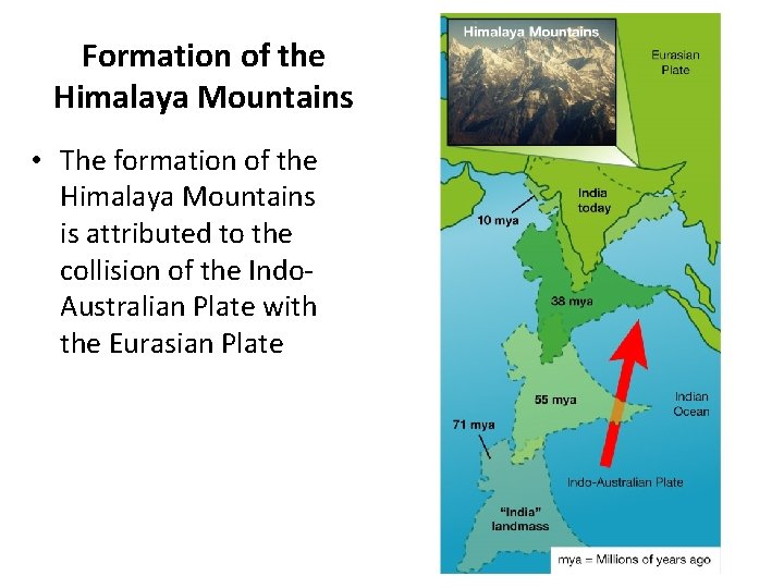 Formation of the Himalaya Mountains • The formation of the Himalaya Mountains is attributed