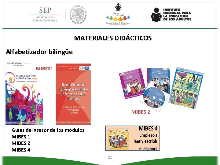 MATERIALES DIDÁCTICOS Alfabetizador bilingüe MIBES 1 MIBES 2 Guías del asesor de los módulos