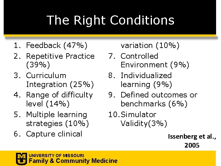 The Right Conditions 1. Feedback (47%) 2. Repetitive Practice (39%) 3. Curriculum Integration (25%)