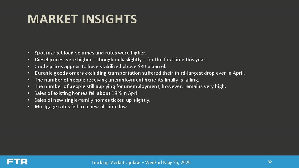 MARKET INSIGHTS • • • Spot market load volumes and rates were higher. Diesel MARKET INSIGHTS • • • Spot market load volumes and rates were higher. Diesel