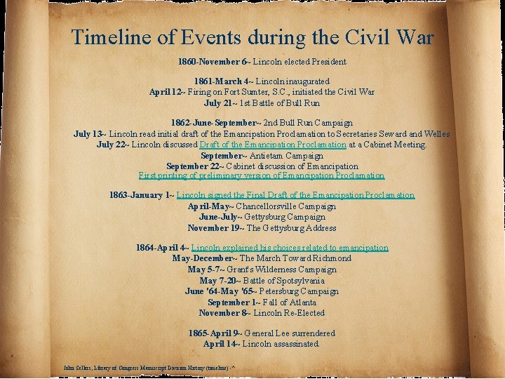 Timeline of Events during the Civil War 1860 -November 6~ Lincoln elected President 1861