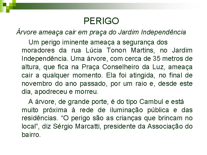 PERIGO Árvore ameaça cair em praça do Jardim Independência Um perigo iminente ameaça a