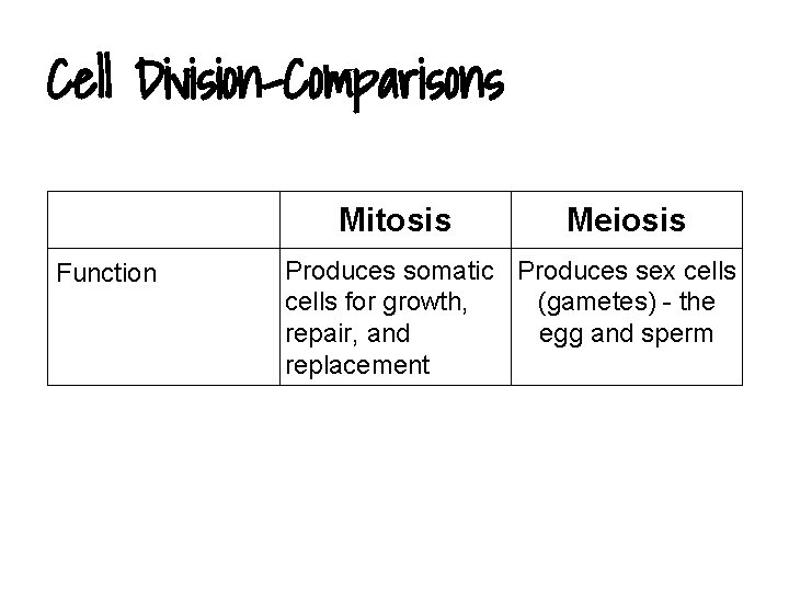 Cell Division-Comparisons Mitosis Function Meiosis Produces somatic Produces sex cells for growth, (gametes) -