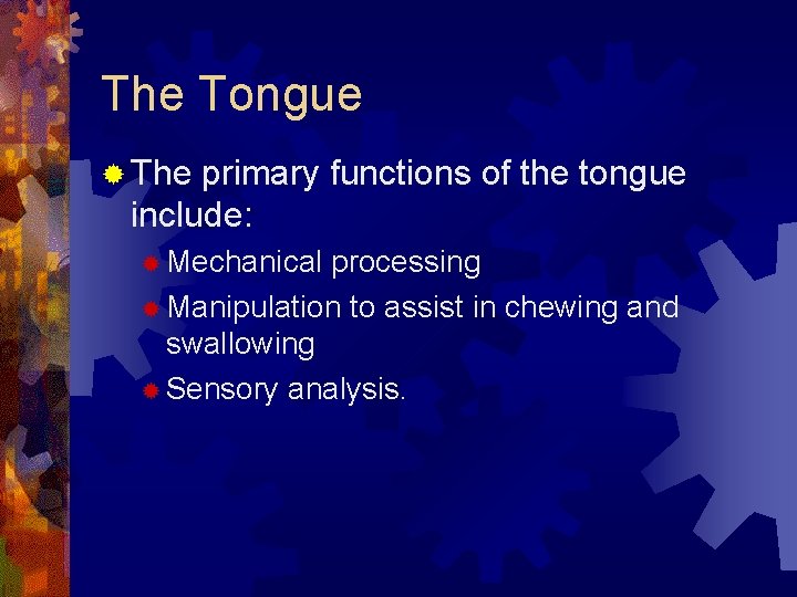 The Tongue ® The primary functions of the tongue include: ® Mechanical processing ®