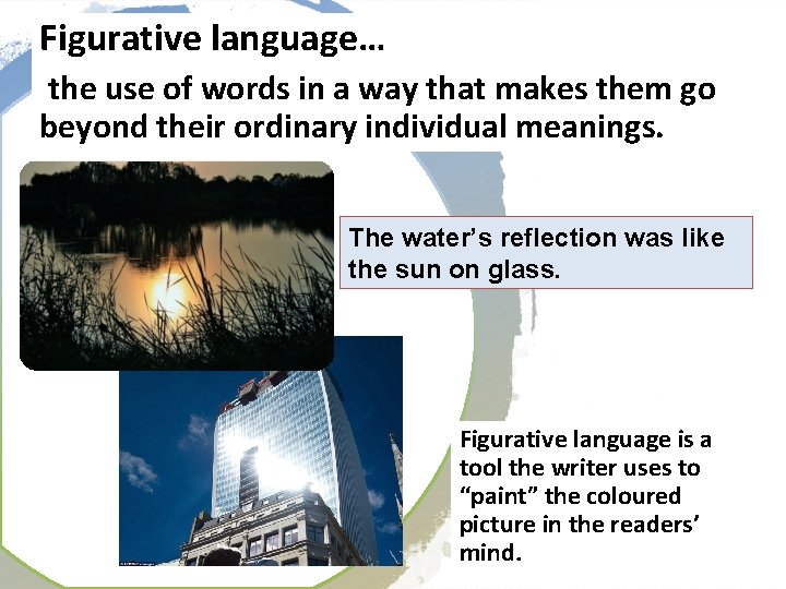 Figurative language… the use of words in a way that makes them go beyond