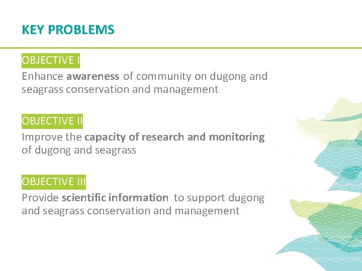 KEY PROBLEMS OBJECTIVE I Enhance awareness of community on dugong and seagrass conservation and