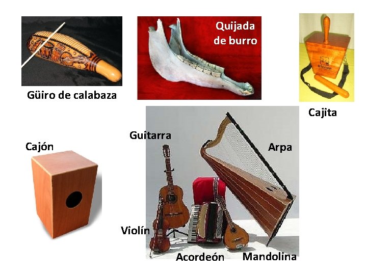 Quijada de burro Güiro de calabaza Cajita Cajón Guitarra Arpa Violín Acordeón Mandolina 