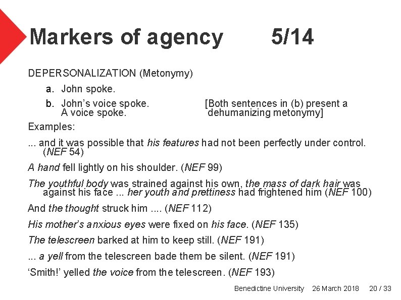 Markers of agency 5/14 DEPERSONALIZATION (Metonymy) a. John spoke. b. John’s voice spoke. A