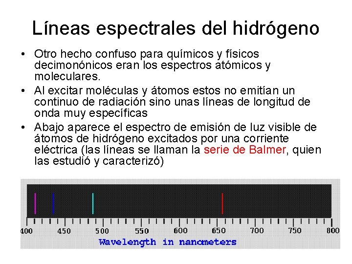 Líneas espectrales del hidrógeno • Otro hecho confuso para químicos y físicos decimonónicos eran