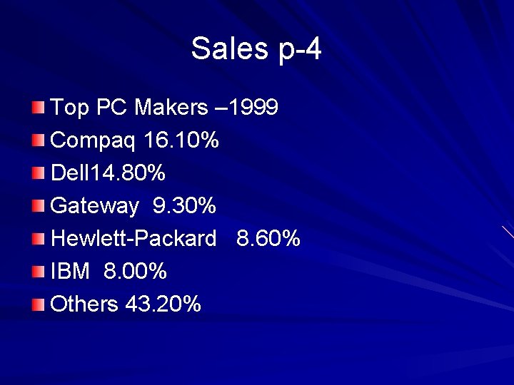 Sales p-4 Top PC Makers – 1999 Compaq 16. 10% Dell 14. 80% Gateway