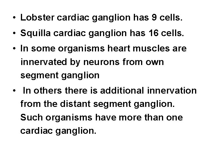  • Lobster cardiac ganglion has 9 cells. • Squilla cardiac ganglion has 16