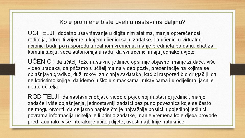 Koje promjene biste uveli u nastavi na daljinu? UČITELJI: dodatno usavršavanje u digitalnim alatima,