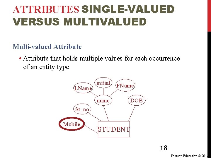 ATTRIBUTES SINGLE-VALUED VERSUS MULTIVALUED Multi-valued Attribute • Attribute that holds multiple values for each ATTRIBUTES SINGLE-VALUED VERSUS MULTIVALUED Multi-valued Attribute • Attribute that holds multiple values for each