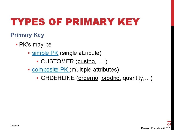 TYPES OF PRIMARY KEY Primary Key Lecture 3 21 • PK’s may be • TYPES OF PRIMARY KEY Primary Key Lecture 3 21 • PK’s may be •