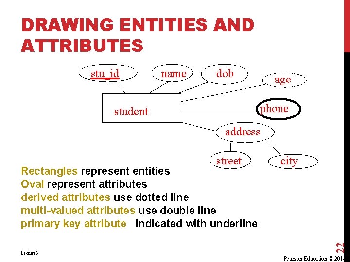 DRAWING ENTITIES AND ATTRIBUTES stu_id name dob age phone student address Rectangles represent entities DRAWING ENTITIES AND ATTRIBUTES stu_id name dob age phone student address Rectangles represent entities
