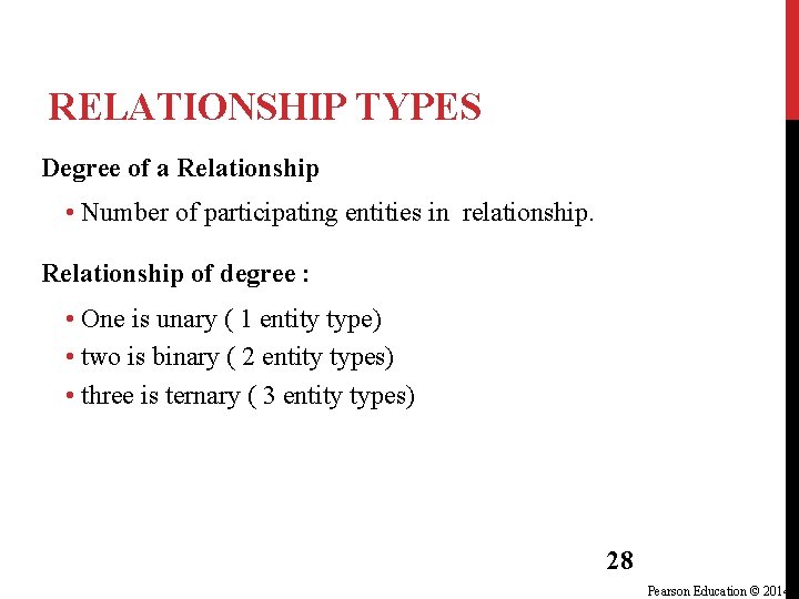 RELATIONSHIP TYPES Degree of a Relationship • Number of participating entities in relationship. Relationship RELATIONSHIP TYPES Degree of a Relationship • Number of participating entities in relationship. Relationship