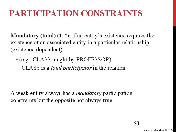 PARTICIPATION CONSTRAINTS Mandatory (total) (1: *): if an entity’s existence requires the existence of PARTICIPATION CONSTRAINTS Mandatory (total) (1: *): if an entity’s existence requires the existence of
