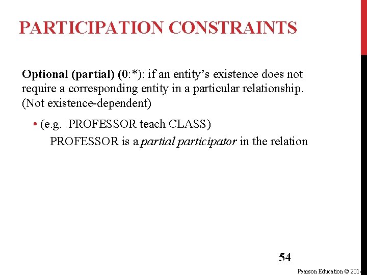 PARTICIPATION CONSTRAINTS Optional (partial) (0: *): if an entity’s existence does not require a PARTICIPATION CONSTRAINTS Optional (partial) (0: *): if an entity’s existence does not require a
