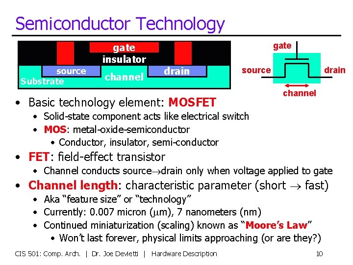 Semiconductor Technology gate insulator source Substrate channel gate drain source • Basic technology element: