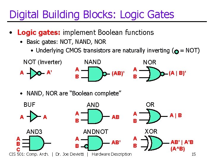 Digital Building Blocks: Logic Gates • Logic gates: implement Boolean functions • Basic gates: