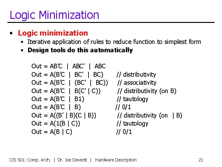 Logic Minimization • Logic minimization • Iterative application of rules to reduce function to