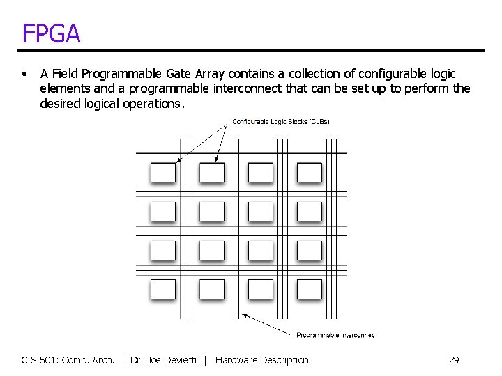 FPGA • A Field Programmable Gate Array contains a collection of configurable logic elements
