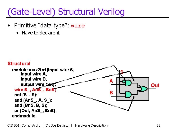 (Gate-Level) Structural Verilog • Primitive “data type”: wire • Have to declare it Structural